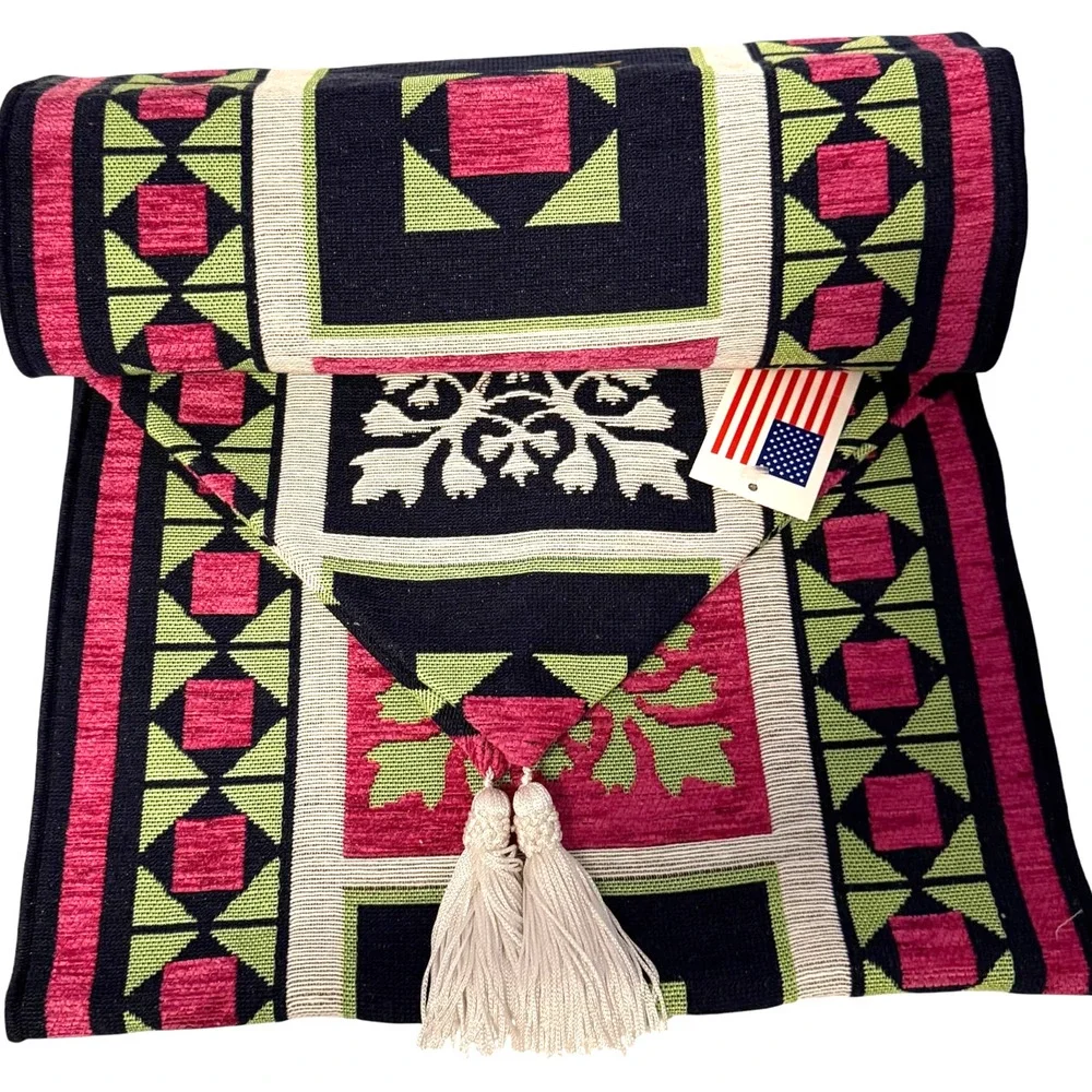 MCM Home Decor Table Runner Art Deco Black White Tapestry Made in USA 72